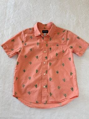 Boys M 7/8 The Children’s Place Cactus Button Up Shirt Short Sleeve Orange Coral